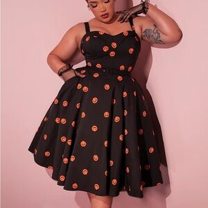 Vixen by Micheline Pitt - Black & Orange Pumpkin Print Fit-and-Flare Dress